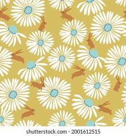 Vector white Cosmos and rabbit illustration motif seamless repeat pattern collection set 2 color ways digital file artwork home decor print fashion fabric surface design textile