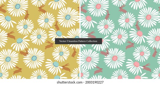 Vector white Cosmos and rabbit illustration motif seamless repeat pattern collection set 2 color ways digital file artwork home decor print fashion fabric surface design textile