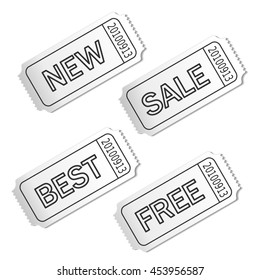Vector white coupon with text Sale, New, Best, Free. Advertising label for business offer.