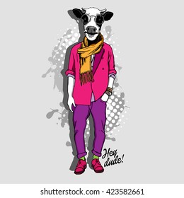 Vector white cow in a glasses, pink jacket and trousers. Bull in clothes. Hand drawn illustration of dressed buffalo. 