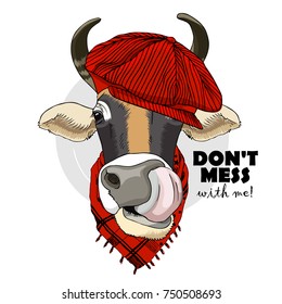 Vector white cow with red cap and scarf. Hand drawn illustration of dressed bull 