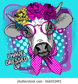 Vector white cow with wreath and glasses. Hand drawn illustration of dressed cow.