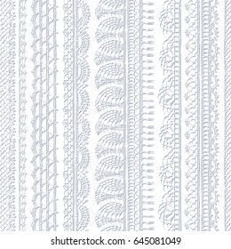 Vector white croched seamless pattern. Vertical knitted edging patterns and lacy borders on white background. Hand-drawn sketch boundless background.