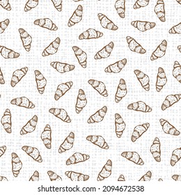 El doodle de pan croissant blanco vectorial patrón de repetición sin fisuras con fondo de lienzo. Adecuado para el diseño textil, de menú café y papel pintado.
