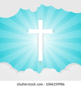 Vector white cross with cloud on blue background. Easter greeting card