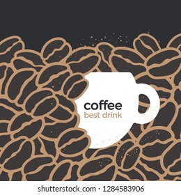 Vector White Cup Of Coffee Symbol Fresh Shape Of Coffee Bean, Grain On Black Background Aroma Energy Drink Design Simple Graphic Template, Retro Sign Vintage Organic Sticker For Cafe, Menu, Food Shop 