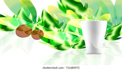 Vector white cup illustration with green leaves and cherry fruit on background.