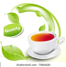 Vector white cup of tea with leaves on white-yellow background