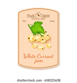 Vector white currant jam lable. Composition of ripe fruits. Design of a sticker for a jar with white currant jam, fruit marmalade, juice, smoothies. Sticker in retro style with texture for your design