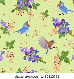 Vector white currant, lavender, campanula and birds. Seamless pattern. Background design for natural cosmetics, packaging and textile.