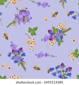 Vector white currant, lavender, campanula and bees. Seamless pattern. Background design for natural cosmetics, packaging and textile.