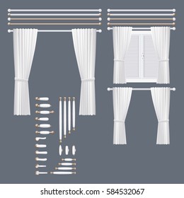 Vector white curtains set for doors and windows and alternative curtain rods