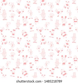 Vector white cute anthropomorphic cartoon characters in beautiful peach seamless pattern background