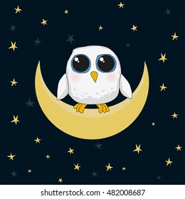 vector white cute owl are sitting on the moon at night.