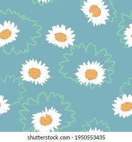 Vector White Daisies with ZigZag Floral Shapes seamless pattern background. Perfect for fabric, scrapbooking and wallpaper projects.