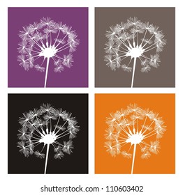 Vector white dandelion silhouette on different, colorful backgrounds. Indian summer or autumn icons, buttons, logo, stickers or other design elements.