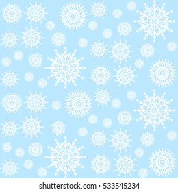 Vector white decorative snowflakes of different shapes and sizes on a light blue background. Seamless pattern.

