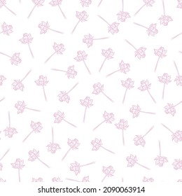 Vector white delicate seamless pattern with scattered lotus flower and stem 02. Suitable for textile, gift wrap and wallpaper.