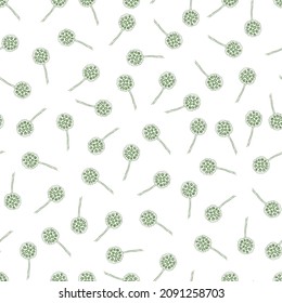Vector white delicate seamless pattern with scattered lotus seed pod and stem 04. Suitable for textile, gift wrap and wallpaper.