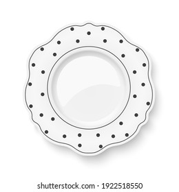 Vector white dish with figured edges and polka dot pattern isolated on white background