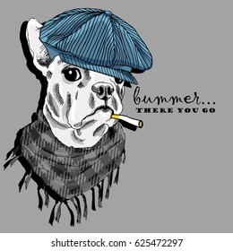 Vector white dog with cap and cigarette. Hand drawn illustration of dressed dog.