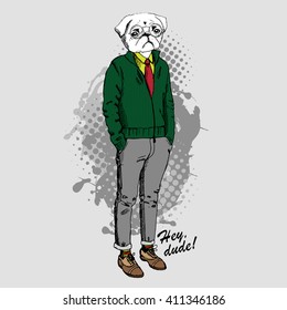 Vector white dog in a green jacket, shirt, red tie and jeans. Pug - fashionable guy