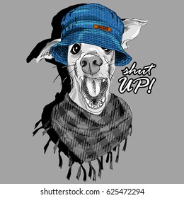 Vector white dog with panama. Hand drawn illustration of dressed dog.