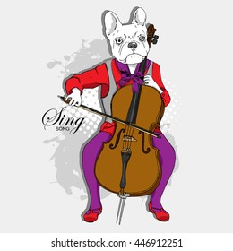 Vector white dog plays cello. French Bulldog
,