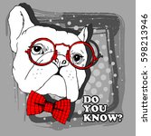 Vector white dog with red bow and glasses. Hand drawn illustration of pug. Gentleman.
