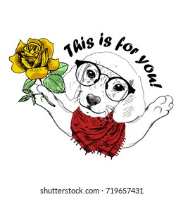 Vector white dog with red scarf, glasses and rose. Hand drawn illustration of dressed dog with yellow rose.