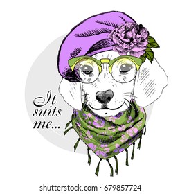 Vector white dog with violet beret, green scarf and flower. Hand drawn illustration of dressed dog
