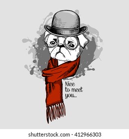 Vector white dog wearing glasses. Pug in a bowler hat and red scarf. Gentleman.