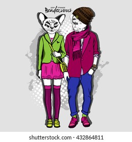 Vector white dog-boy and cat-girl. Hand drawn illustration of dressed cat and dog.