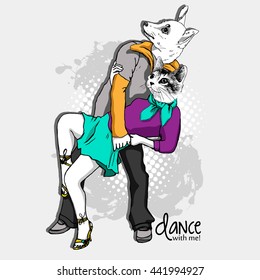 Vector white dog-boy and cat-girl. Hand drawn illustration of dressed cat and dog. Dancers. 