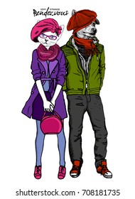 Vector white dog-boy and cat-girl. Hand drawn illustration of dressed cat and dog.
