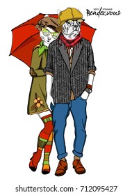 Vector white dog-boy and cat-girl. Hand drawn illustration of dressed cat and dog. 5