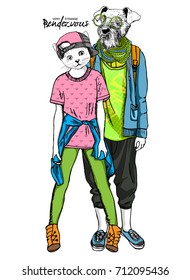 Vector white dog-boy and cat-girl. Hand drawn illustration of dressed cat and dog. 4