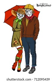 Vector white dog-boy and cat-girl. Hand drawn illustration of dressed cat and dog. 6