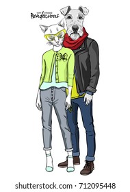 Vector white dog-boy and cat-girl. Hand drawn illustration of dressed cat and dog.3