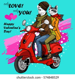 Vector white dog-boy and cat-girl on a moped.  Hand drawn illustration of dressed dog and cat. Valentines day card.