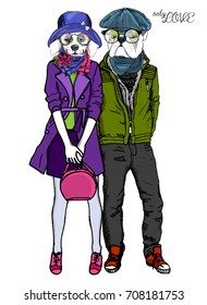 Vector white dog-boy and dog-girl. Hand drawn illustration of dressed dogs. 1