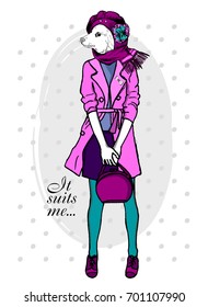 Vector white dog-girl with bag, hat and scarf. Hand drawn illustration of dressed dog. 