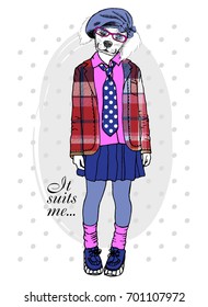 Vector white dog-girl with beret and scarf. Hand drawn illustration of dressed dog.