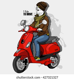 Vector white dog-man on a red moped. Hand drawn illustration of dressed dog. 