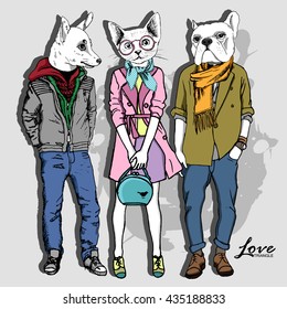 Vector white dog-men and cat-girl. Hand drawn illustration of dressed cat and dog. Love triangle.