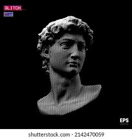 Vector white dot halftone mode illustration of male classical style head sculpture from 3d rendering isolated on black background. 