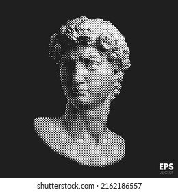Vector white dot halftone mode illustration of male classical style head sculpture from 3d rendering isolated on black background. 