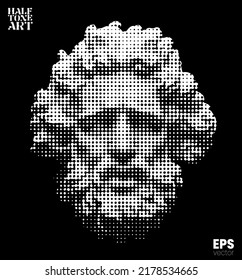 Vector white dot halftone mode illustration of classical head sculpture of bearded old man from 3d rendering isolated on black background.