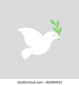 Vector white dove icon on grey background. Peace dove with olive branch. 