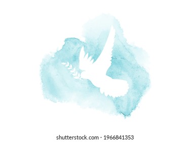 vector white dove on a blue watercolor background, greeting card for the International Day of Peace